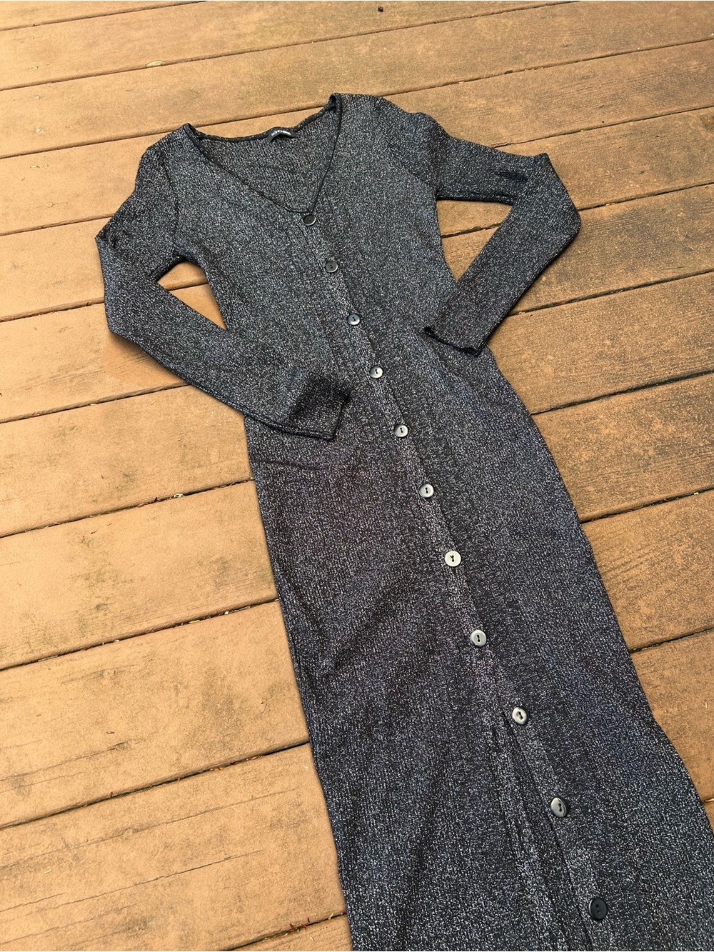 Fashion Nova Metallic Black Long Sleeve Button-Front Maxi Dress